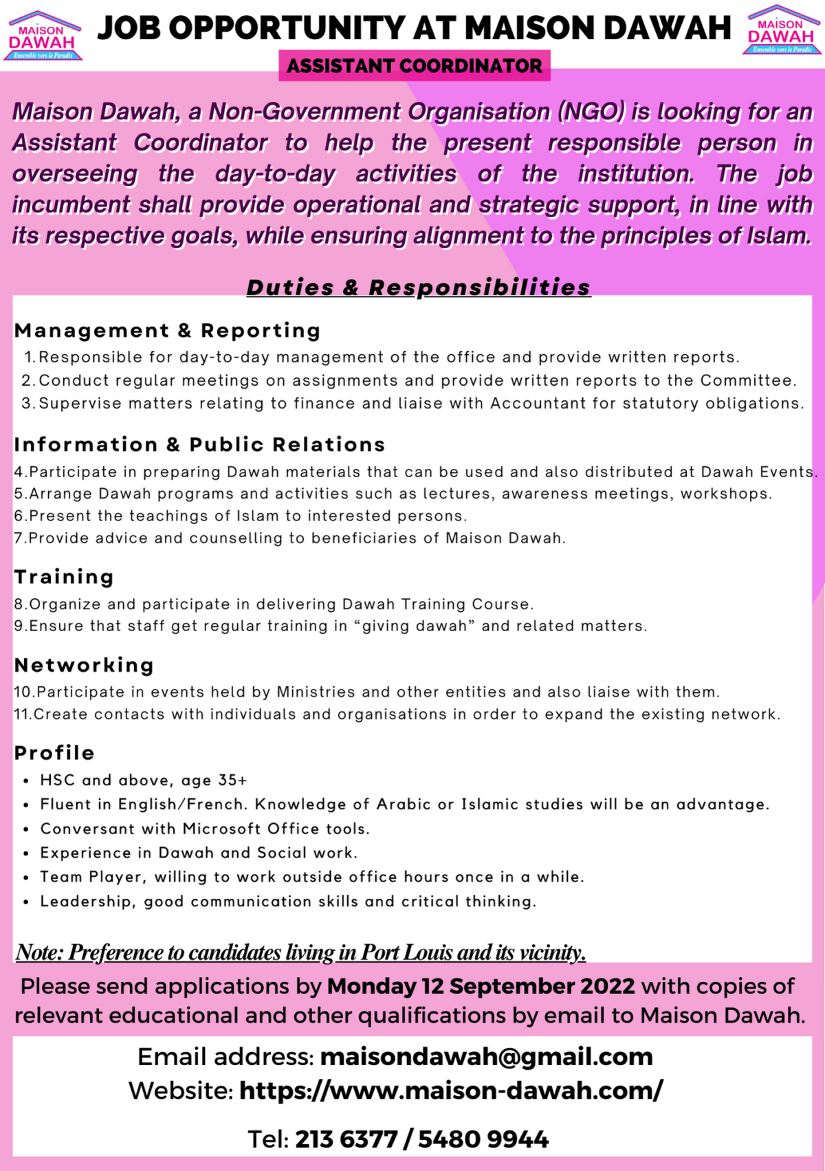 Job opportunity at Maison Dawah for assistant co-ordinator